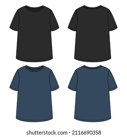 Short sleeve T-shirt Technical sketch fashion template for Women's and Girls. Vector art illustration Clothing Black, Navy color mock up front, back view. Easy Edit customizable
