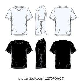 Plantilla para camisetas de manga corta, vistas frontal, lateral y trasera, colores blanco y negro