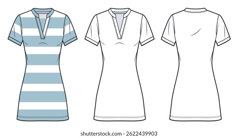 Short Sleeve Tunic T-Shirt with Split Neckline Technical Fashion Illustration. Polo Dress fashion flat technical drawing template, short sleeves, front and back view, white, blue, women CAD mockup.