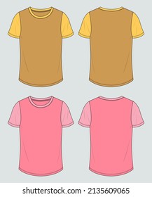 Short Sleeve Two tone Color T shirt Tops Technical Fashion flat sketch Vector illustration template For Ladies. Apparel Clothing Design Mock up CAD.