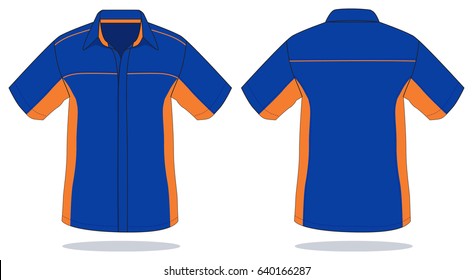 Short Sleeve Uniform Shirt Design With Blue-Orange and Orange Piping Vector.Front And Back Views.