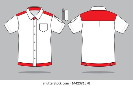 Short Sleeve Uniform Shirt White-Red With Pen Holder Design Vector.Front And Back View.