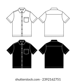 Short sleeve work shirt with patch pocket, roll up sleeve and shirt collar. Digital flat sketch back and front. For colour ways , techpack and CAD.