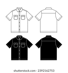 Short sleeve work shirt with patch pocket, roll up sleeve and shirt collar. Digital flat sketch back and front. For colour ways , techpack and CAD.