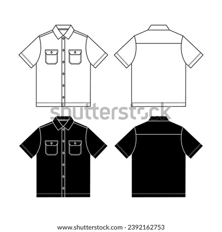 Short sleeve work shirt with patch pocket, roll up sleeve and shirt collar. Digital flat sketch back and front. For colour ways , techpack and CAD.