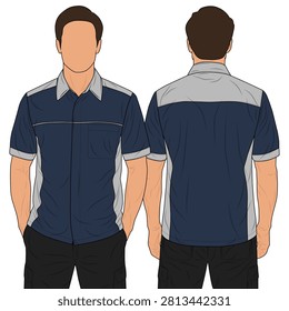 Short Sleeve Work Uniform Shirt Mockup Template with Navy Blue and Grey Color Combination Front and Back View Vector Illustration