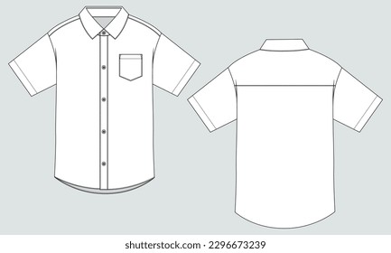 Short sleeve woven fabric shirt technical drawing fashion flat sketch vector illustration template front and back isolated on grey background.