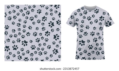 Short sleeved cotton sports t shirt decorated Pads of cat paws seamless pattern. Animal paw prints on ground. Comfortable summer clothes. Vector ornament for design of textile and fabric