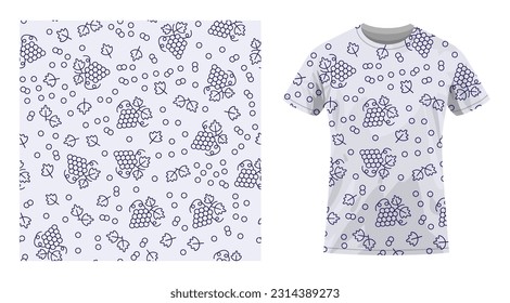 Short sleeved cotton sports t shirt decorated juicy bunch of grapes with leaves and tendrils pattern. Comfortable summer clothes. Vector ornament for design of textile and fabric