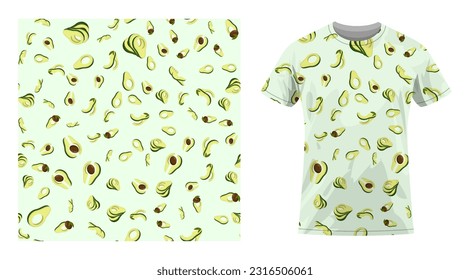 Short sleeved cotton sports t shirt decorated Avocado cutting fruit seamless pattern. Avocado wedges and slices. Comfortable summer clothes. Vector ornament for design of textile and fabric