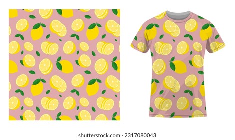 Short sleeved cotton sports t shirt decorated seamless pattern with lemon with piece of citrus. Lemon with zest and leaves. Comfortable summer clothes. Vector ornament for design of textile and fabric