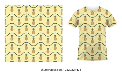 Short sleeved cotton sports t shirt decorated pattern with juicy pineapple and wave lines. Harvesting tropical fruits. Comfortable summer clothes. Vector ornament for design of textile and fabric