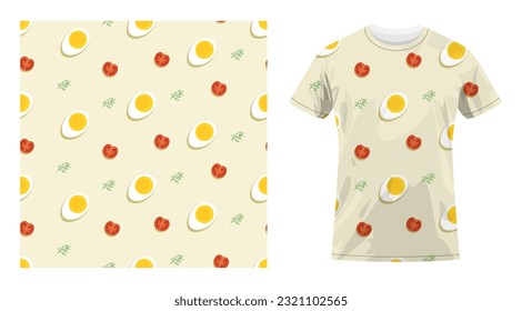 Short sleeved cotton sports t shirt decorated boiled egg, tomato and dill pattern. Healthy breakfast. Comfortable summer clothes. Vector ornament for design of textile and fabric