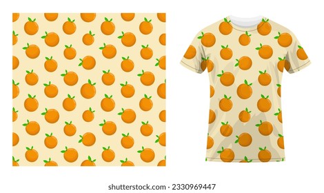 Short sleeved cotton sports t shirt decorated seamless pattern with whole orange and leaves. Comfortable summer clothes. Vector ornament for design of textile and fabric