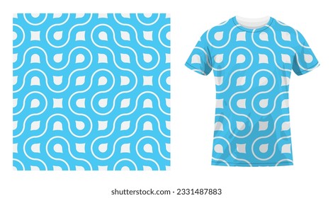 Short sleeved cotton sports t shirt decorated abstract geometric blue seamless pattern with lines and fractal ornament. Comfortable summer clothes. Vector ornament for design of textile and fabric