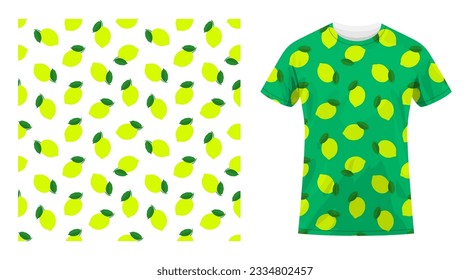 Short sleeved cotton sports t shirt decorated seamless pattern with whole lemon and leaves. Harvesting citrus fruits. Comfortable summer clothes. Vector ornament for design of textile and fabric