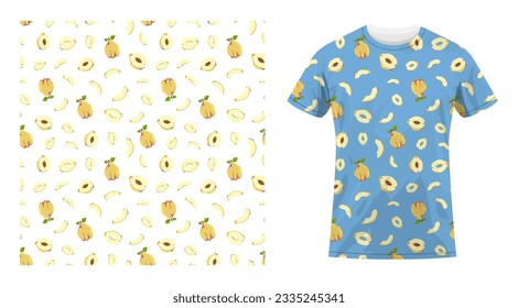 Short sleeved cotton sports t shirt decorated seamless pattern with Quince fruit whole and cut in half. Exotic fruit. Comfortable summer clothes. Vector ornament for design of textile and fabric