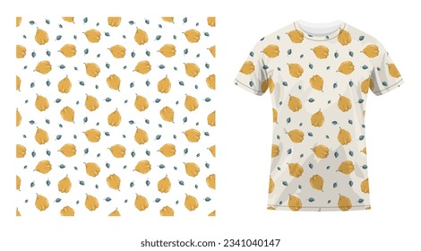 Short sleeved cotton sports t shirt decorated seamless pattern with quince fruit whole and leaves. Exotic fruit party. Comfortable summer clothes. Vector ornament for design of textile and fabric