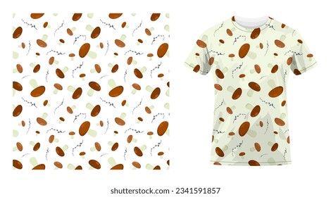 Short sleeved cotton sports t shirt decorated seamless pattern with edible mushrooms and spicy twigs. Cook uniform. Comfortable summer clothes. Vector ornament for design of textile and fabric