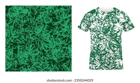Short sleeved cotton sports t shirt decorated camouflage grass leaves silhouettes seamless pattern. Grass floral ornate. Comfortable summer clothes. Vector ornament for design of textile and fabric