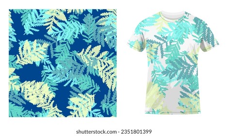 Short sleeved cotton sports t shirt decorated wormwood leaves silhouettes of grass seamless pattern. Comfortable summer clothes. Vector ornament for design of textile and fabric
