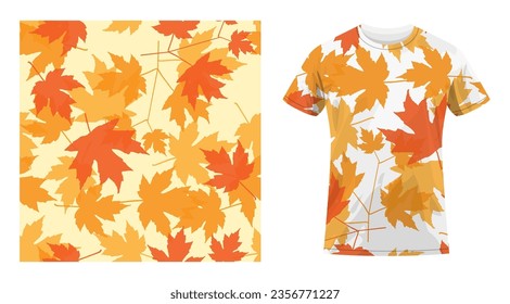 Short sleeved cotton sports t shirt decorated autumn maple dried herbarium leaves seamless patterns. Comfortable summer clothes. Vector ornament for design of textile and fabric