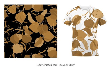 Short sleeved cotton sports t shirt black silhouettes of linden leaves seamless pattern. Autumn fallen leaves of linden. Comfortable summer clothes. Vector ornament for design of textile and fabric