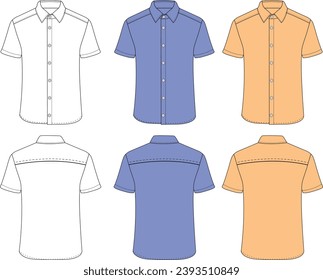 Short sleeved men resort shirt flat technical drawing vector illustration mockup template design