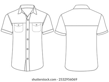 Short sleeved men sleeves formal resort shirt flat technical drawing vector illustration mockup template design