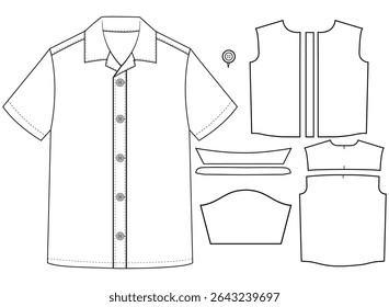 Short sleeved men sleeves formal resort shirt flat technical drawing vector illustration mockup template design	