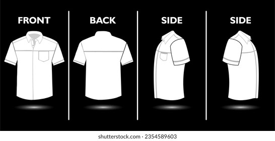 Short sleeved men's shirt with colors of white and grey line. Relaxed Fit. Vector illustration. Flat technical drawing. Mockup template