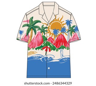 Short sleeved resort shirt design. Tropical shirt drawing mockup template. Beach abstract art for fashion. Big wave with surfing artwork. Mountain retro design. Tropical island design for fashion.