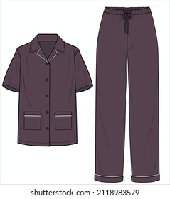 SHORT SLEEVES NOTCH COLLAR TOP WITH PIPING DETAIL PYJAMA SET FOR WOMEN IN EDITABLE VECTOR FILE