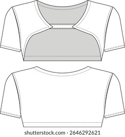 short sleeves scoop neck cutout low cut cropped crop bolero blouse top tshirt tee template technical drawing flat sketch cad mockup fashion woman design style model 