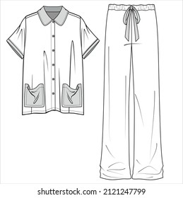 SHORT SLEEVES SHIRT WITH POCKET AND FLARED PYJAMA FLAT SKETCH OF NIGHTWEAR SLIP FOR WOMEN AND IN EDITABLE VECTOR FILE