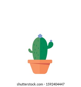 Short and small friendly cactus with purple flowers in an orange pot with two arms and spikes. Flat design illustration.