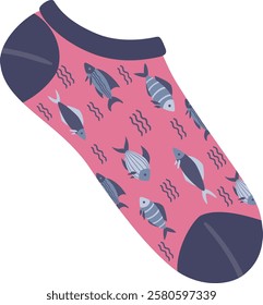 Short socks with fish and wavy lines pattern isolated on white background, modern and fashionable hosiery for women, comfortable everyday clothing