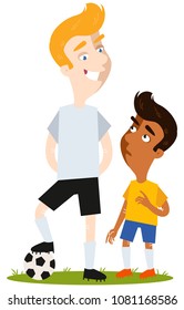 Short South American Cartoon football player in yellow shirt intimidated by tall caucasian opponent in white shirt isolated on white background