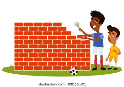 Short South American Cartoon football player in yellow shirt watching tall opponent building actual wall isolated on white background