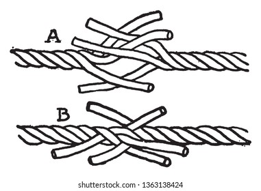 Short splice the ends of the ropes are unlaid for a short distance and brought together, vintage line drawing or engraving illustration.