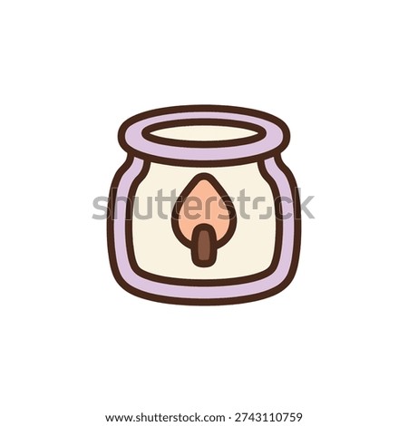 A short stout jar candle with a rounded rim holding a solid teardrop-shaped flame and chunky wick.