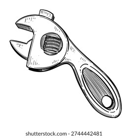 short stubby adjustable wrench tool vector line art hand drawn illustration