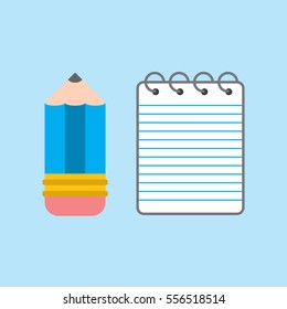 A short and stubby pencil icon next to a cute little notebook symbol in vector format.