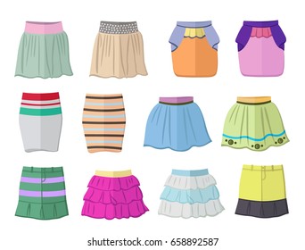 Short summer skirts in flat design isolated on white background