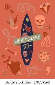 Short surfboard with oldschool tattoo background. Illustrator 8