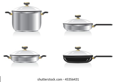 Short and tall pan and frying pan, stainless steell. Isolated on a white. Vector illustration