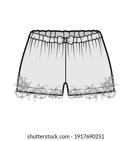 Short tap pants technical fashion illustration with bow, lace, mini length, low waist, rise. Flat sleepwear bottom apparel template front, grey color style. Women men unisex CAD mockup