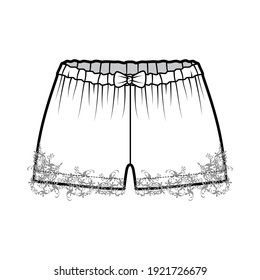 Short tap pants technical fashion illustration with bow, lace, mini length, low waist, rise. Flat sleepwear bottom apparel template front, white color style. Women men unisex CAD mockup