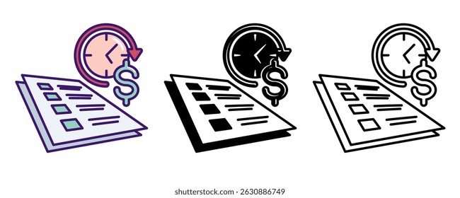 Short Term Contract icon represented by Paper, wall clock Line, Filled, Color style.