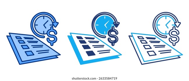 Icono de contrato a corto plazo representado por papel, reloj de pared azul, dualino, estilo Dualtone.